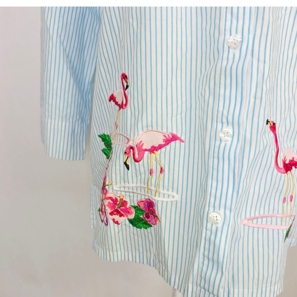Bechamel Petite Blouse Button Up Medium Blue Stripe Flamingo Embroidery Tropical - Picture 7 of 11